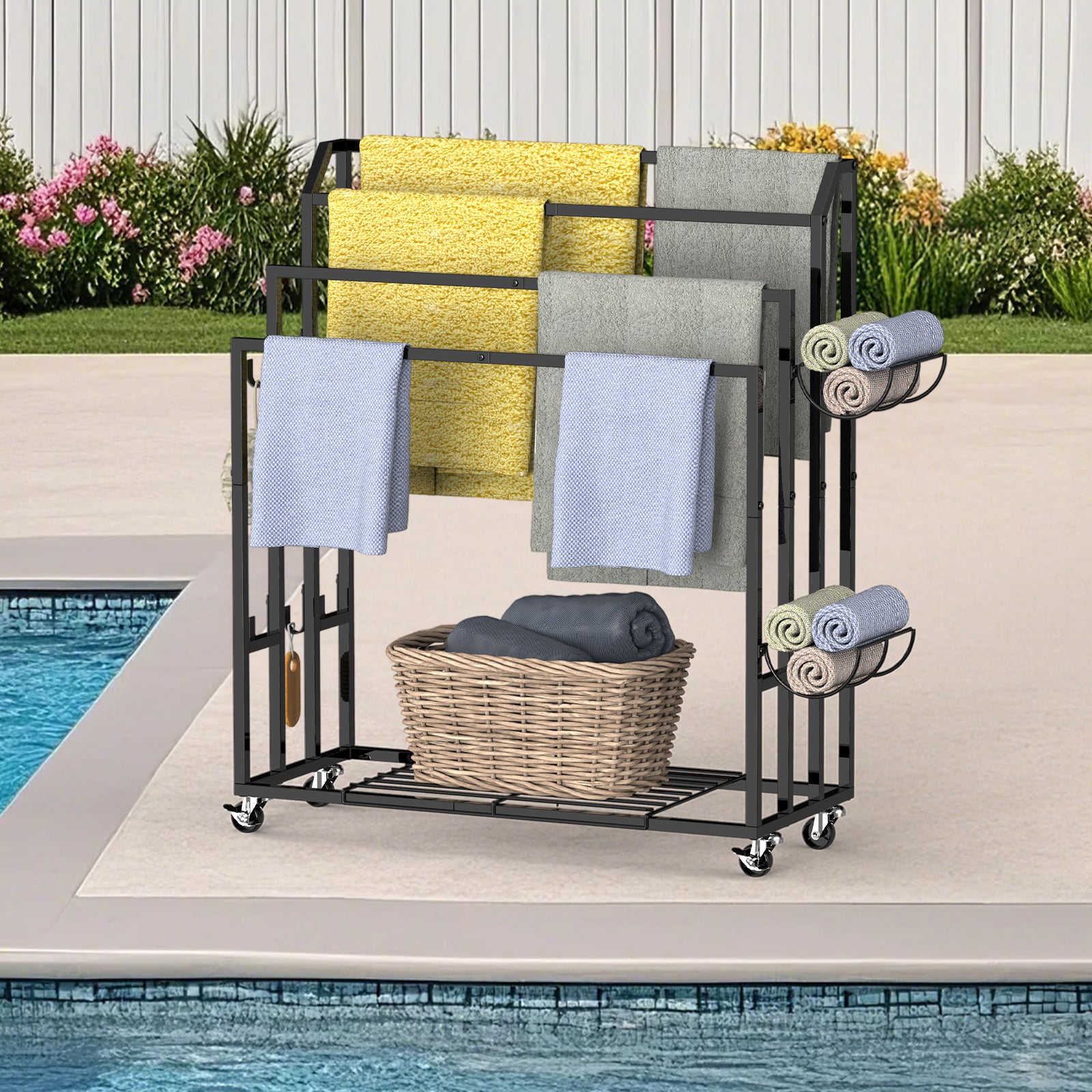 Multi-Level Rolling Towel Drying Rack with Side Storage Baskets - Freestanding Blanket Holder & Bathroom Organizer with Bottom Shelf, Black