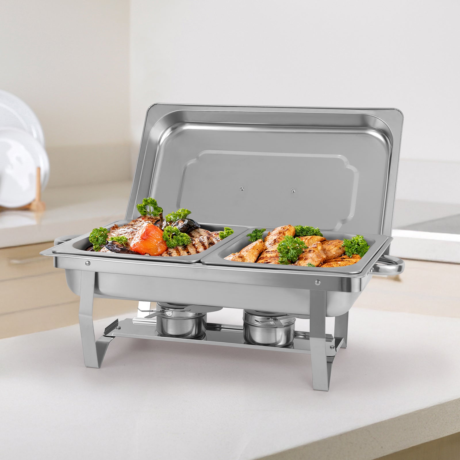 4-Pack Stainless Steel Chafing Dish Buffet Set, 8QT Food Warmer with Lids & Folding Stands for Parties, Catering & Weddings