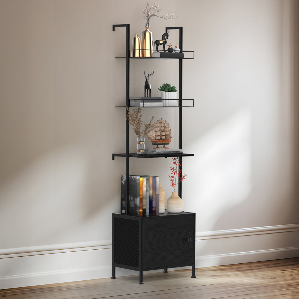 4-Tier Industrial Ladder Shelf with Bottom Storage Cabinet - Wall-Mounted Bookshelf & Display Rack with Metal Frame for Living Room & Office