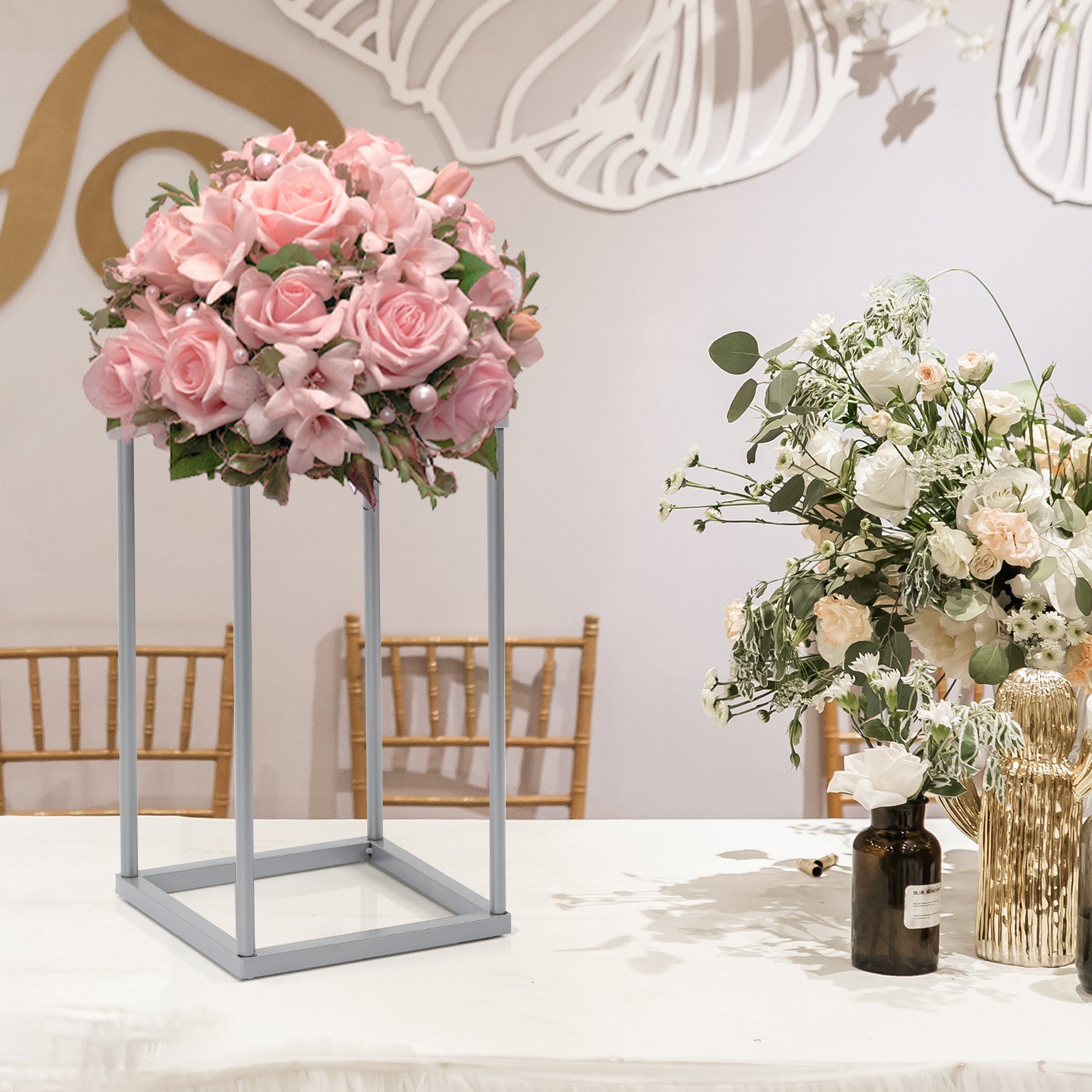 2 Pcs Metal Flower Vases with Mesh Plates, 23.6in Wedding Centerpieces, Plant Stand, Column Geometric Pedestal Stand, for Centerpieces, Party, Weddings, Festival, Tables, Home Decor
