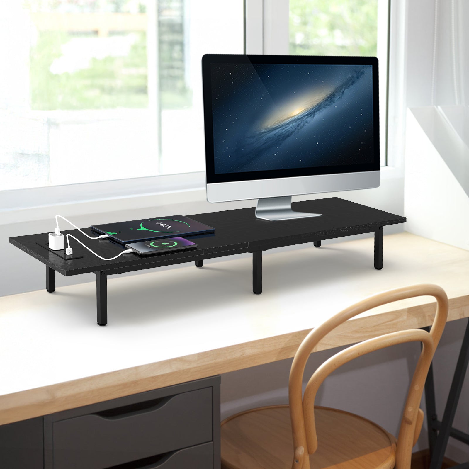 Dual Monitor Stand Riser with Power Outlets - Desk Organizer with 3 USB & 2 AC Ports for PC Laptop,
