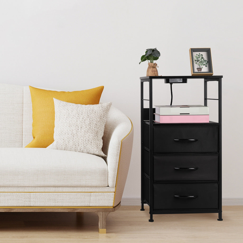 3-Drawer Tall Nightstand with Charging Station - Bedside Table with USB & Outlets for Bedroom, Black,