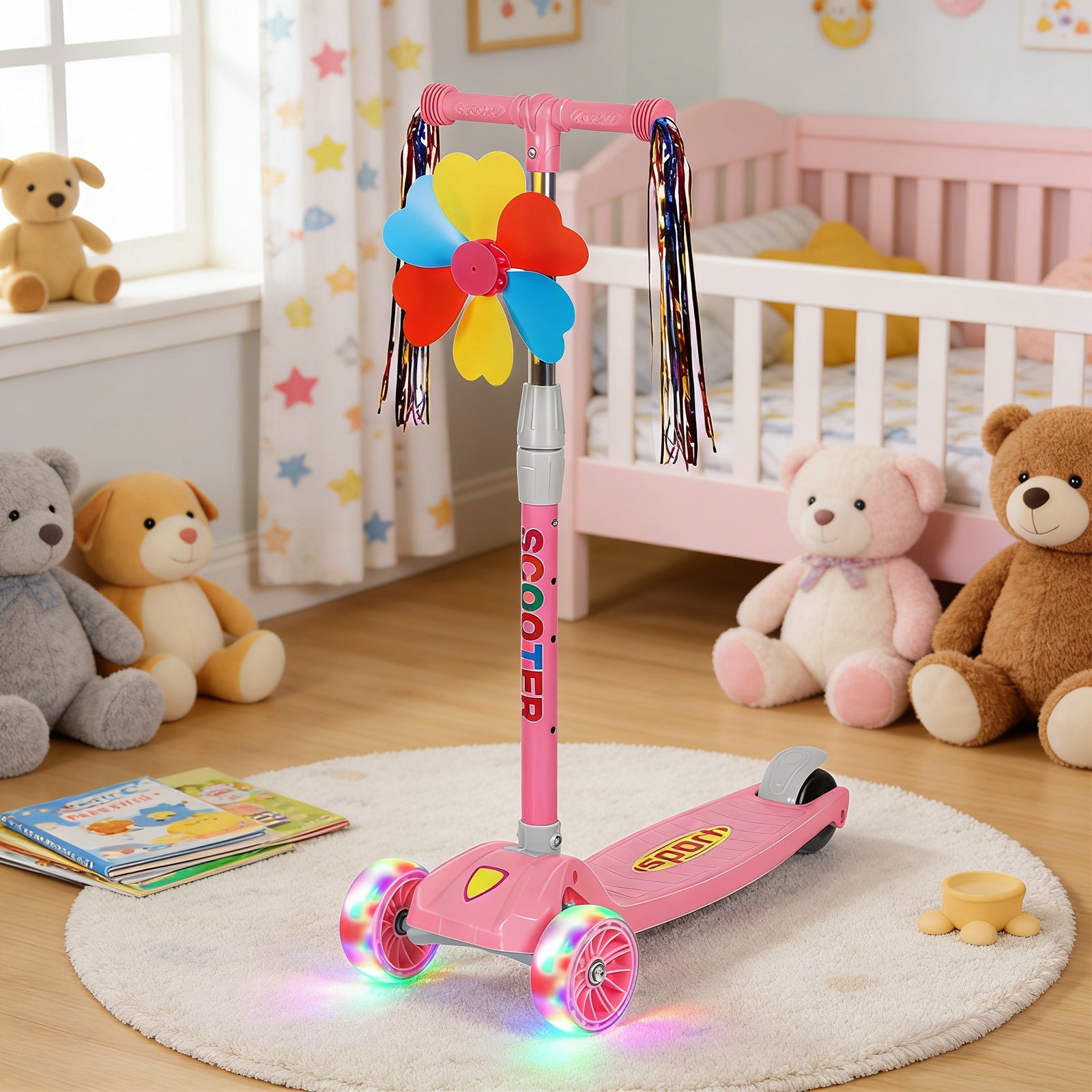 3 Wheels Kids Scooter, Adjustable Height Lean-to-Steer Kick Scooter with LED Light-Up Wheels, Windmill & Streamers, Gifts for Toddlers Boys Girls 3-5 Years Old, Pink