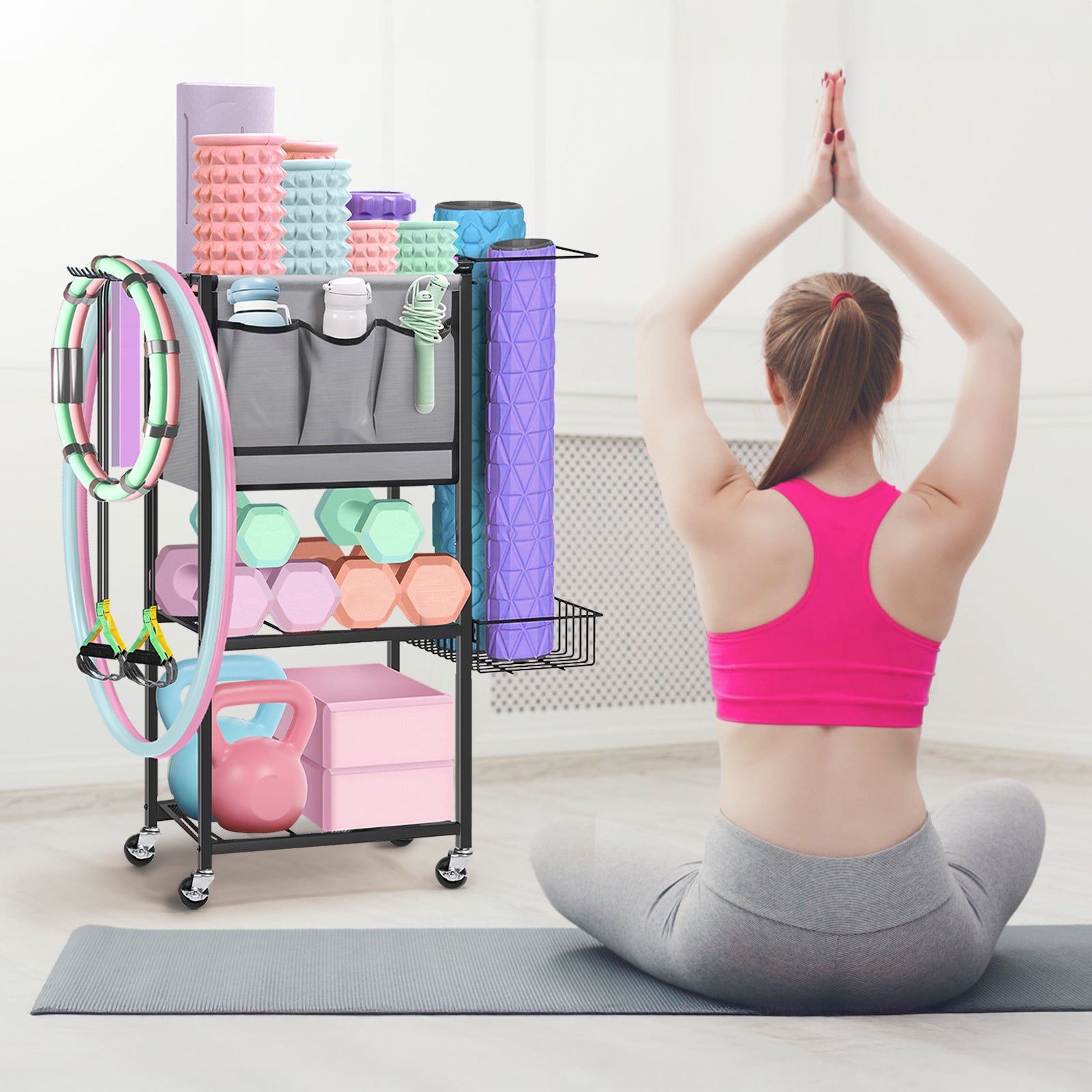 Portable Home Gym Organizer Rack -Black Movable Storage for Yoga Mats, Foam Rollers & More