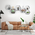 Set of 8 Hexagon Floating Shelves- Rustic White Wood Wall Mount Honeycomb Shelves