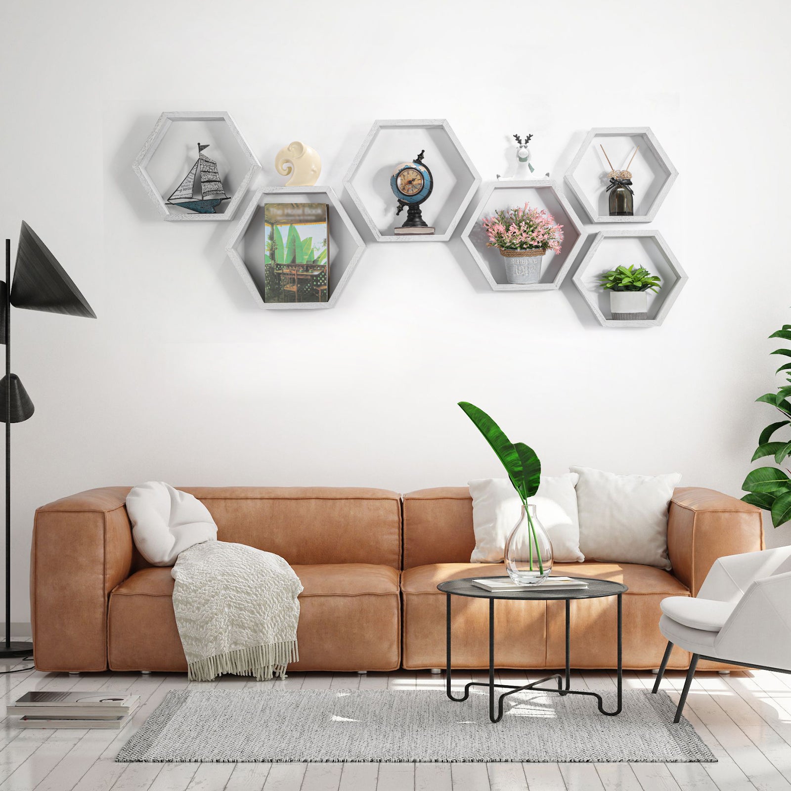 Set of 8 Hexagon Floating Shelves- Rustic White Wood Wall Mount Honeycomb Shelves