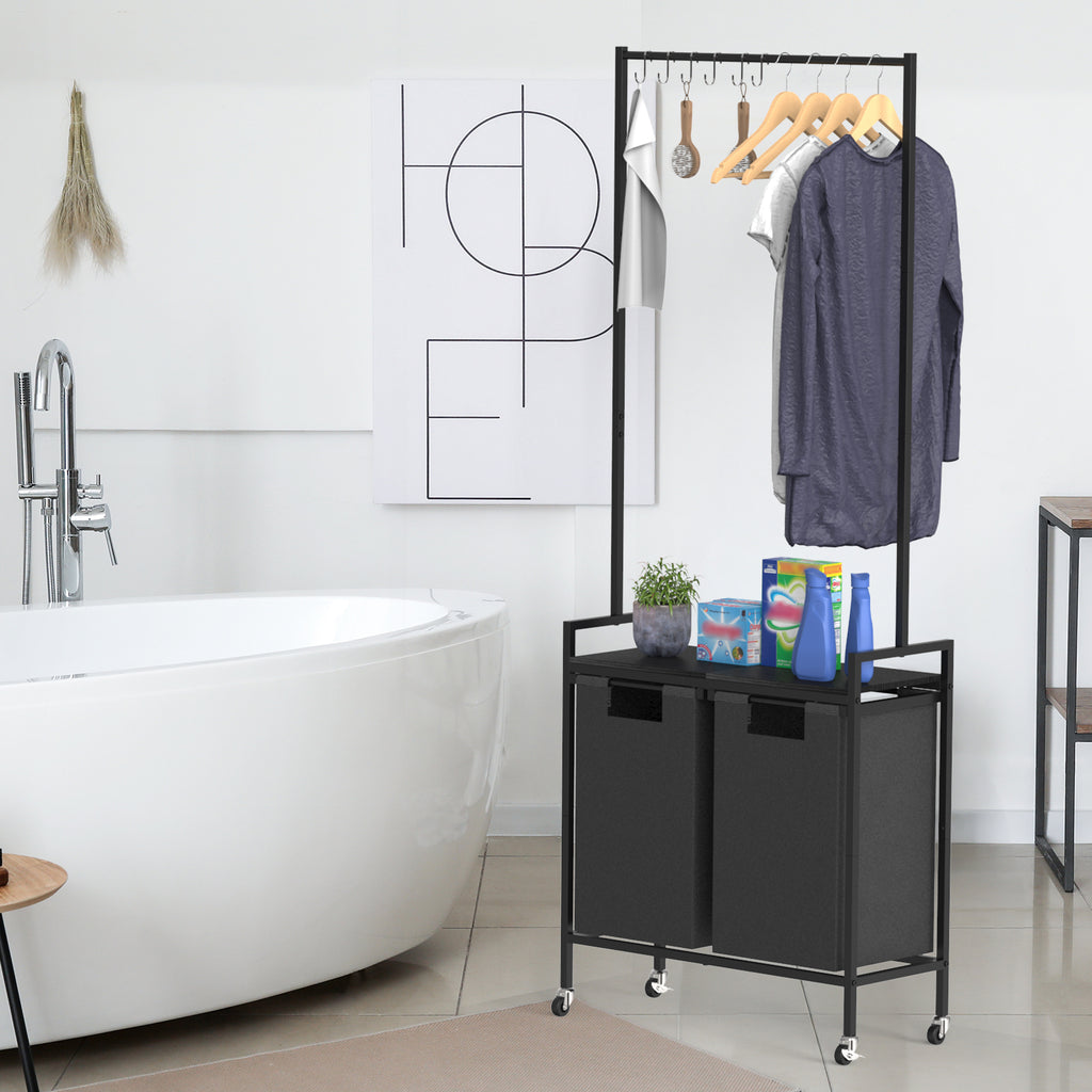 Laundry Hamper With Wheels Laundry Room Organization 2 Section Laundry Sorter with Shelf Rolling Bathroom Laundry hamper for Bathroom Bedroom