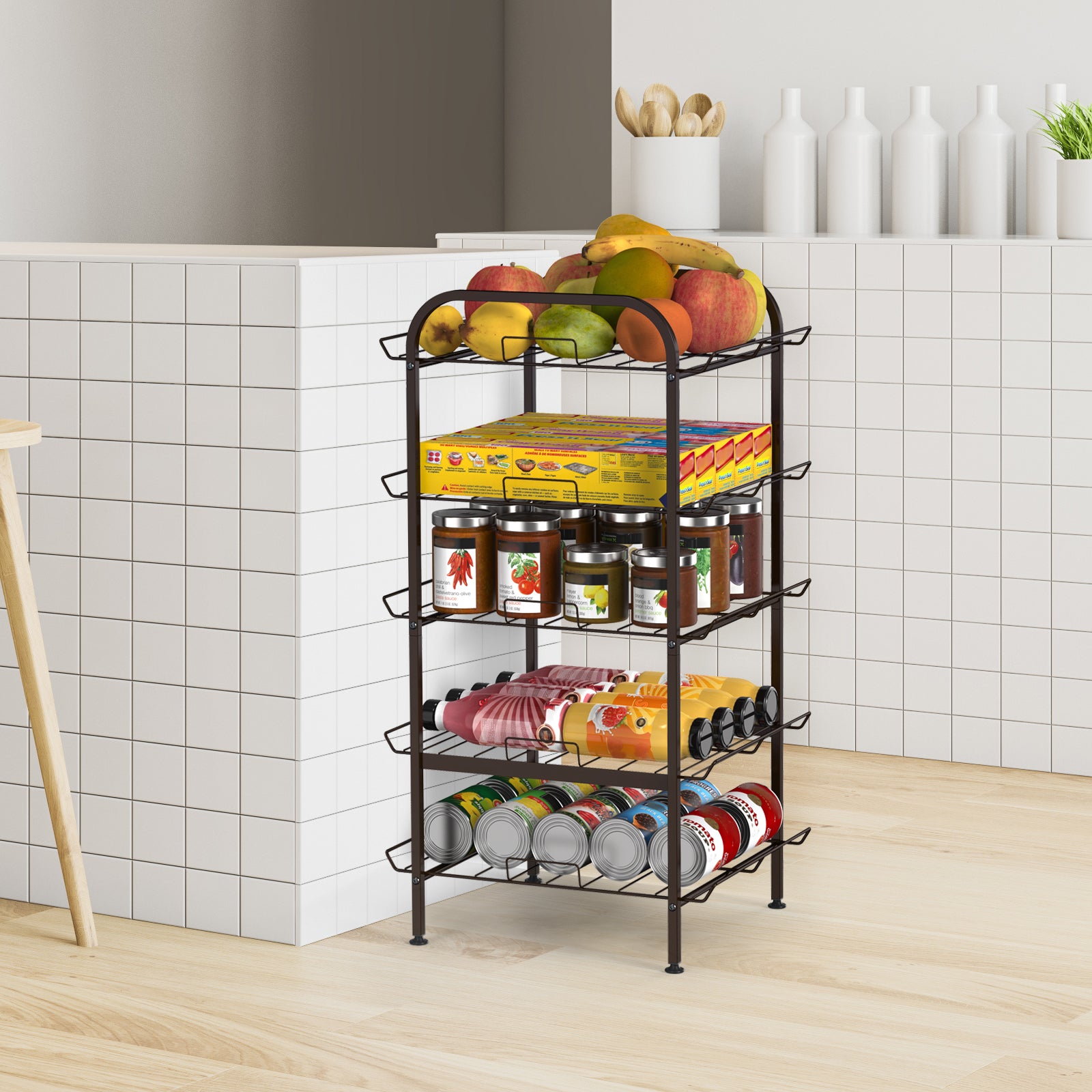 5-Tier Freestanding Water Bottle Storage Rack, Adjustable Metal Beverage Can Organizer for Pantry & Kitchen