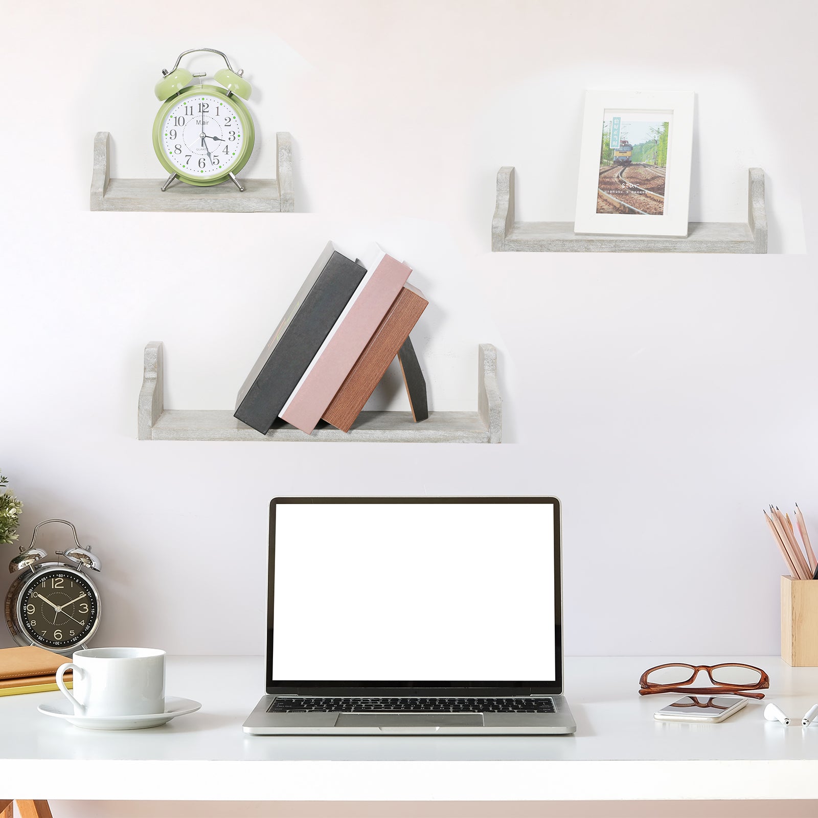 Set of 3 White Floating Wall Shelves - Rustic U-Shaped Decorative Display Shelves for Bedroom & Bath