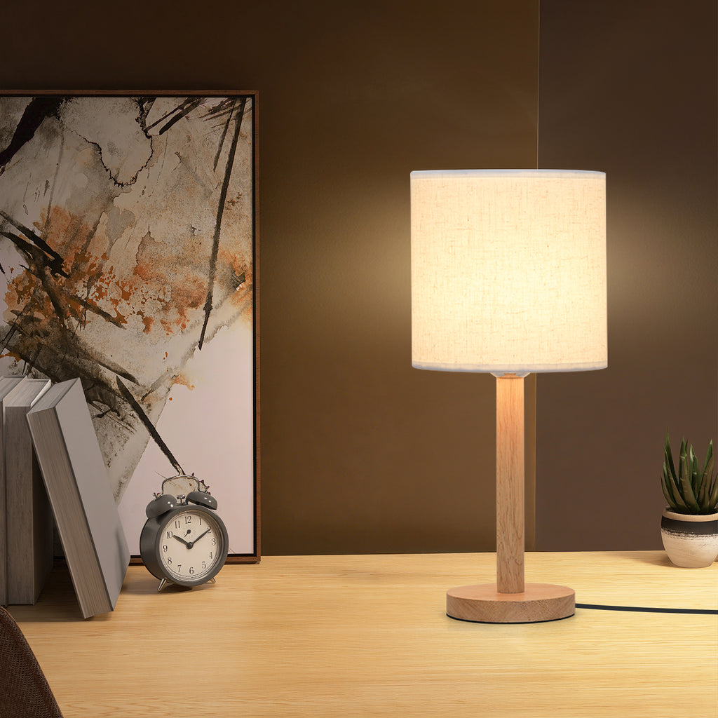 Minimalist Wooden Nightstand Lamp with Fabric Shade, Compact Bedside Table Lamp for Bedroom & Dorm