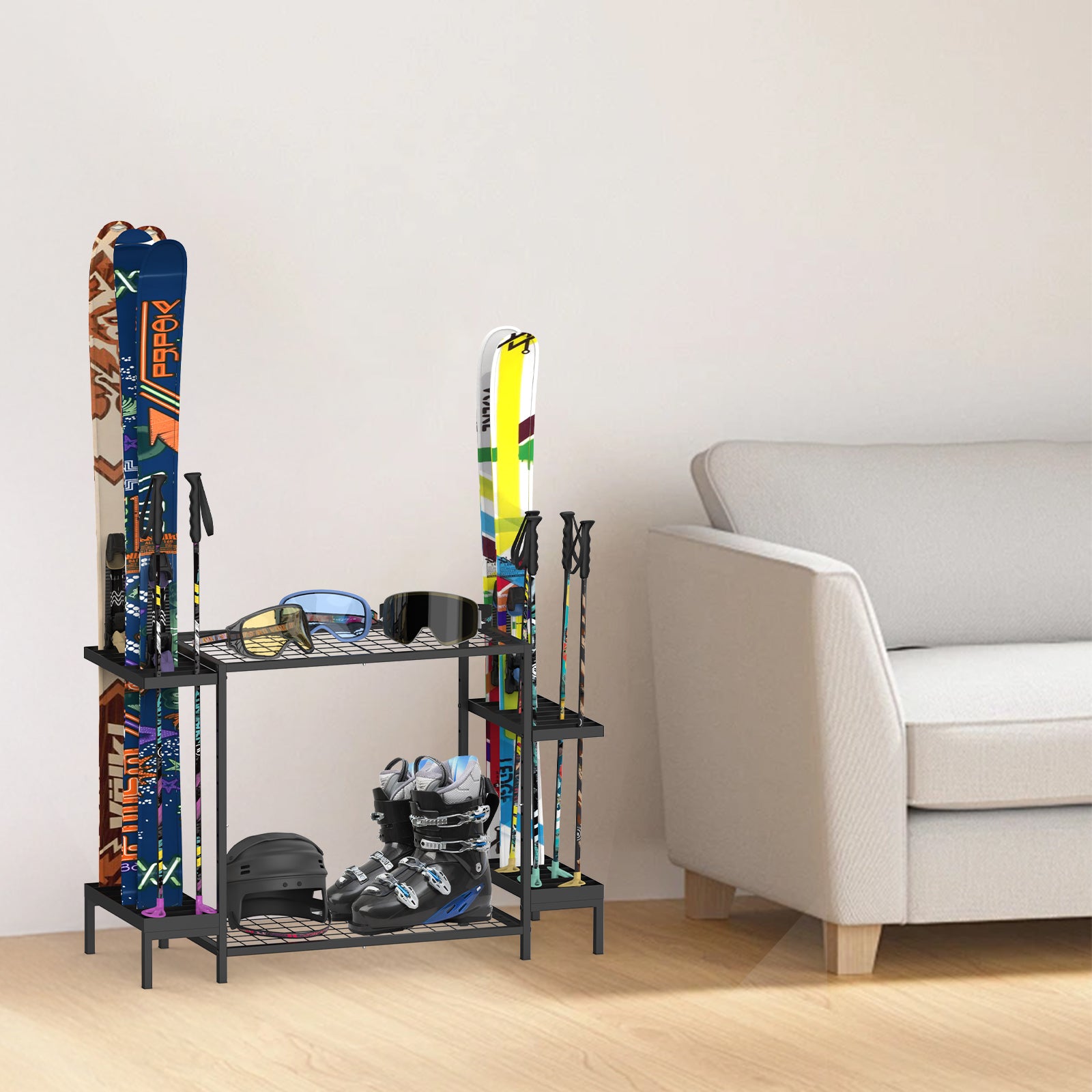 Independent Garage Ski and Snowboard Floor Organizer - Heavy Duty Vertical Storage Stand for 6 Pairs of Skis and Gear - Ideal Gift for Winter Sports Enthusiasts