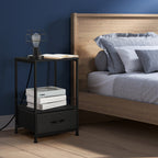 Black Nightstand with Charging Station, Bedside Table with USB Ports & Fabric Drawer, 2-Pack