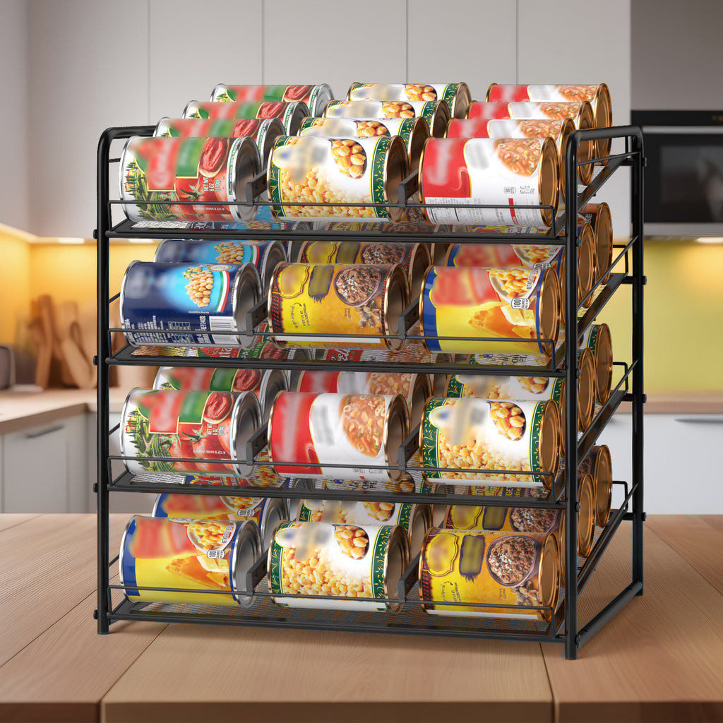 4-Tier Stackable Pantry Can Organizer Rack - Holds up to 48 Cans with Adjustable Dividers, Space-Saving Can Dispenser for Kitchen Cabinet, Black