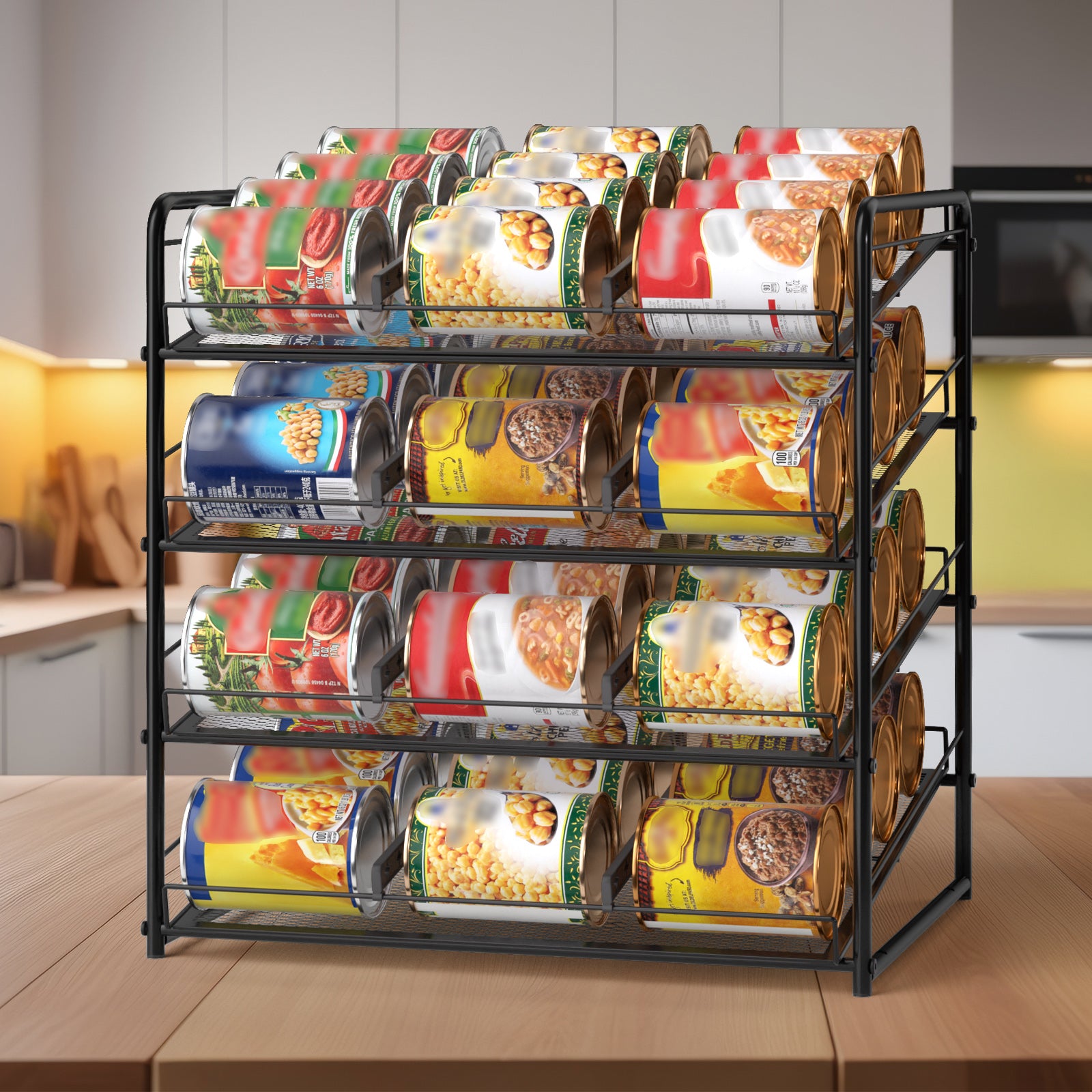 4-Tier Stackable Pantry Can Organizer Rack - Holds up to 48 Cans with Adjustable Dividers, Space-Saving Can Dispenser for Kitchen Cabinet, Black