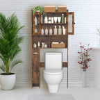 Rustic Brown Over-the-Toilet Storage Cabinet - Space-Saving Bathroom Organizer with Glass Doors & Side Compartment