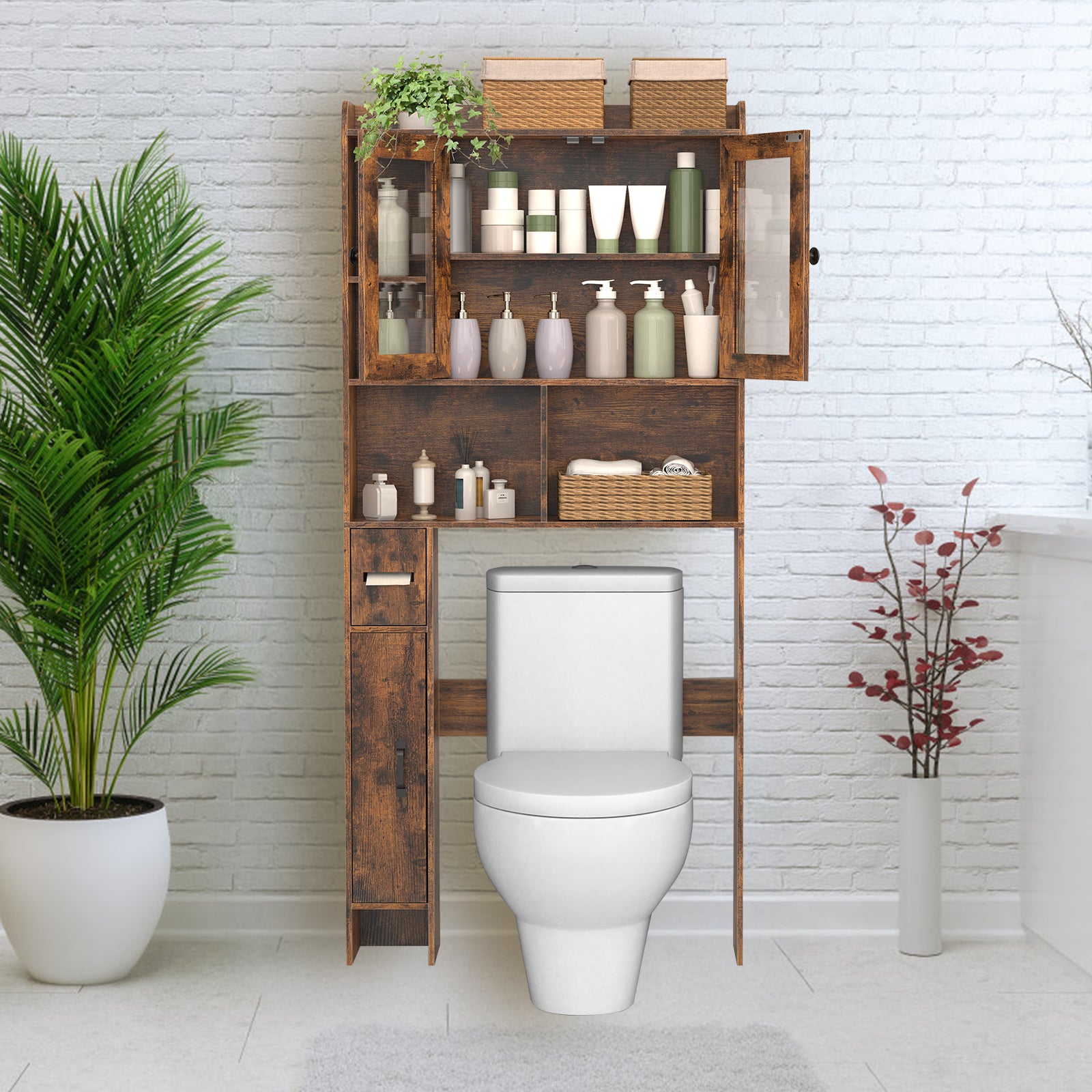 Rustic Brown Over-the-Toilet Storage Cabinet - Space-Saving Bathroom Organizer with Glass Doors & Side Compartment