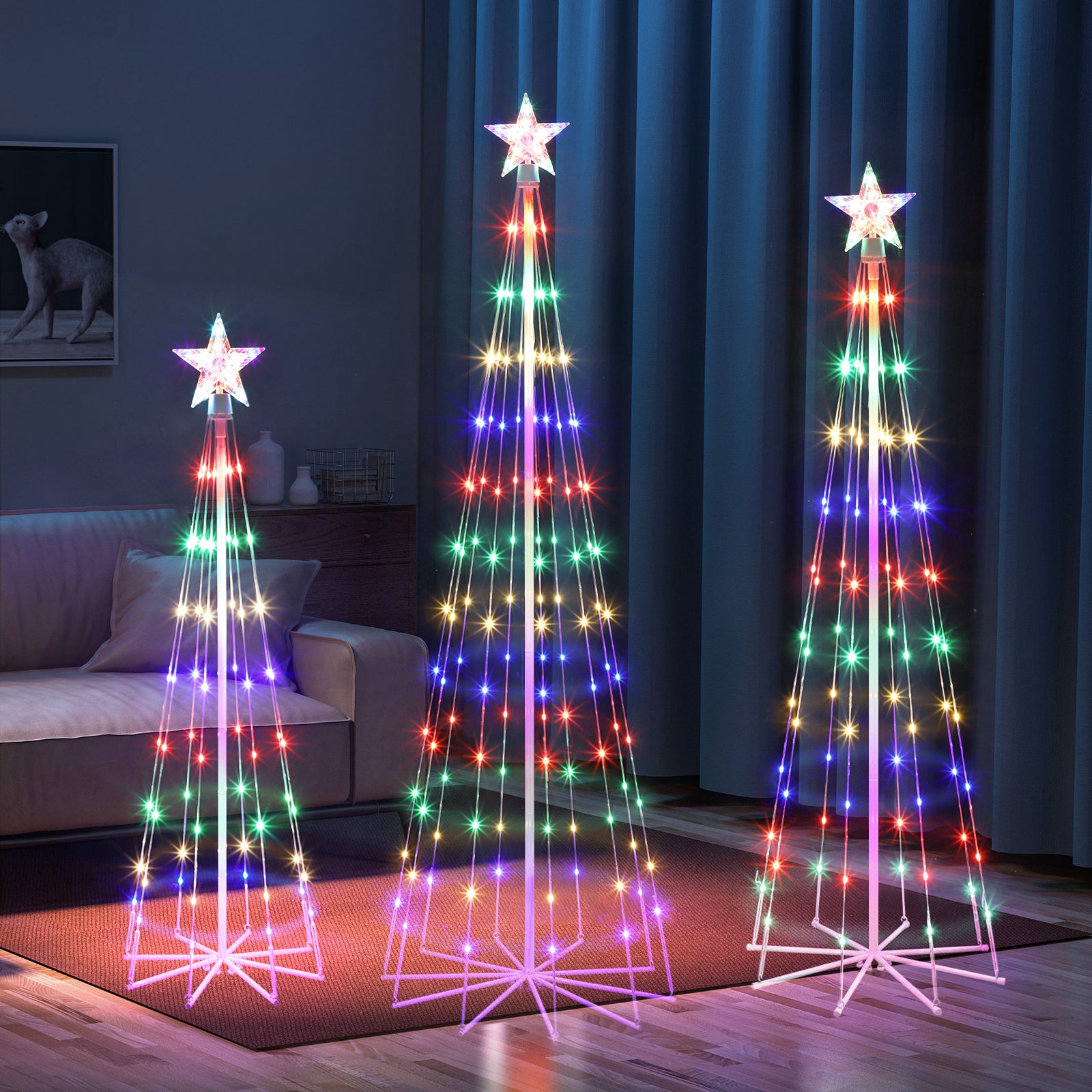 3-Pack Multi-Color Christmas Cone Trees, 8 Lighting Modes LED Outdoor Tree Set for Holiday Yard and Porch Decorations,