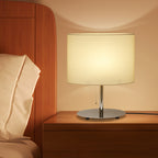 Minimalist Bedside Desk Lamp with Silver Metal Base, Fabric Shade & Pull Chain