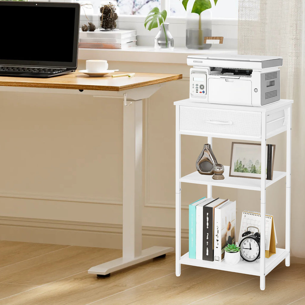 3-Tier White Printer Stand with Fabric Drawer, Desktop Book Organizer Holder for Side Table, Office & Home,
