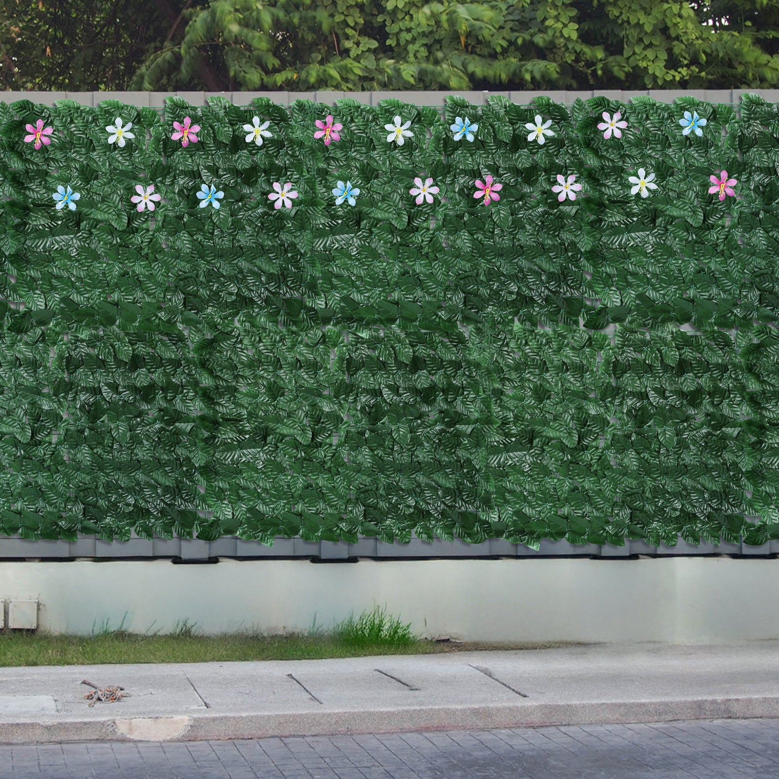 Artificial Ivy Privacy Fence with Flowers (126inch x 35.4inch) - Faux Vine Grass Wall for Garden & Patio