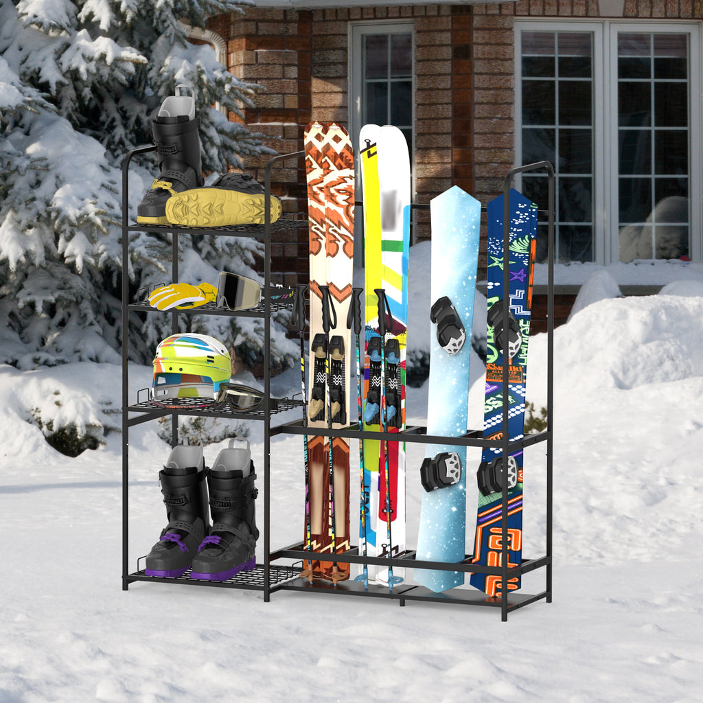Standalone Metal Ski and Snowboard Storage System for Garage, Heavy-Duty Floor Organizer with Integrated Shelving for Boots, Poles, and Winter Gear