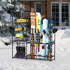 Standalone Metal Ski and Snowboard Storage System for Garage, Heavy-Duty Floor Organizer with Integrated Shelving for Boots, Poles, and Winter Gear
