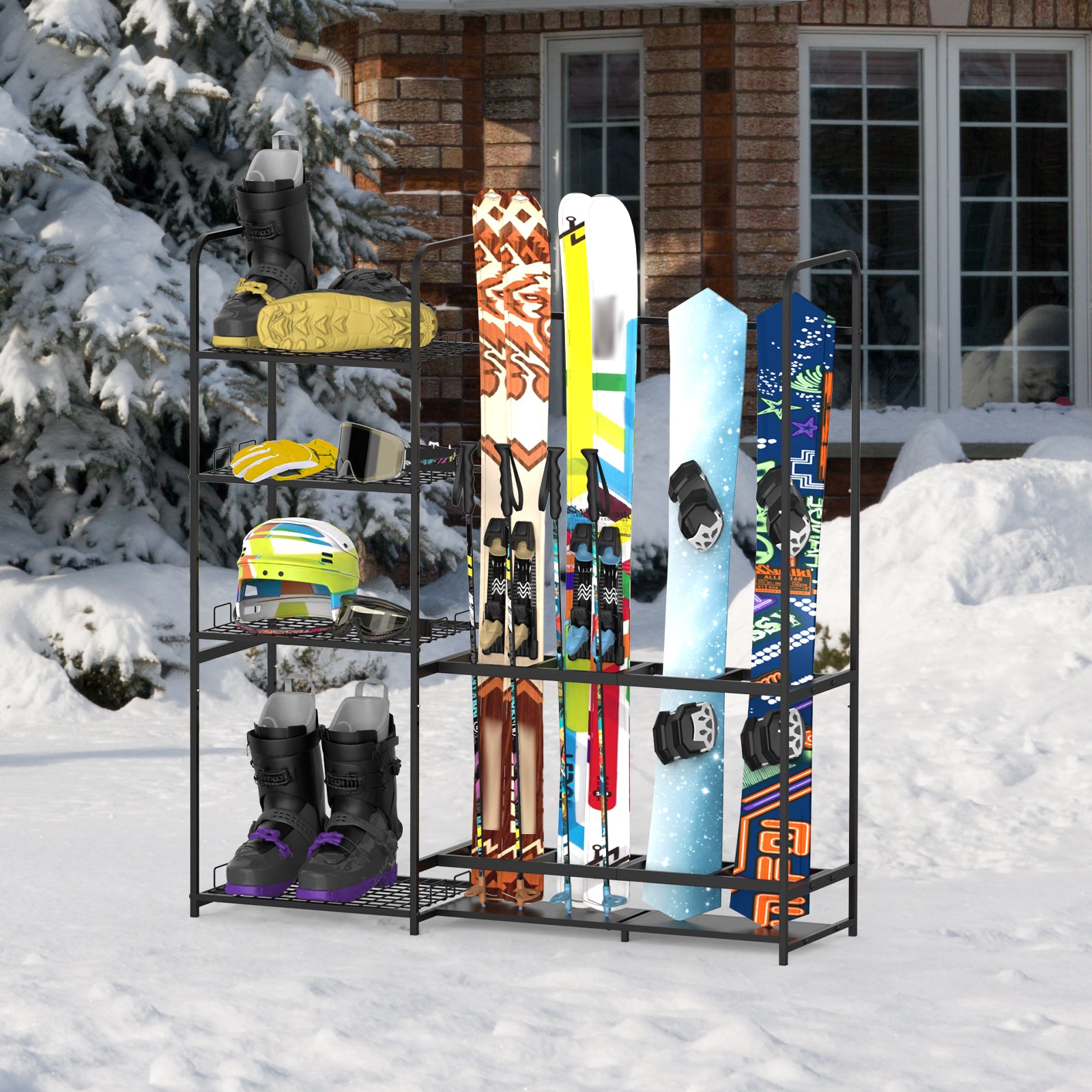 Standalone Metal Ski and Snowboard Storage System for Garage, Heavy-Duty Floor Organizer with Integrated Shelving for Boots, Poles, and Winter Gear