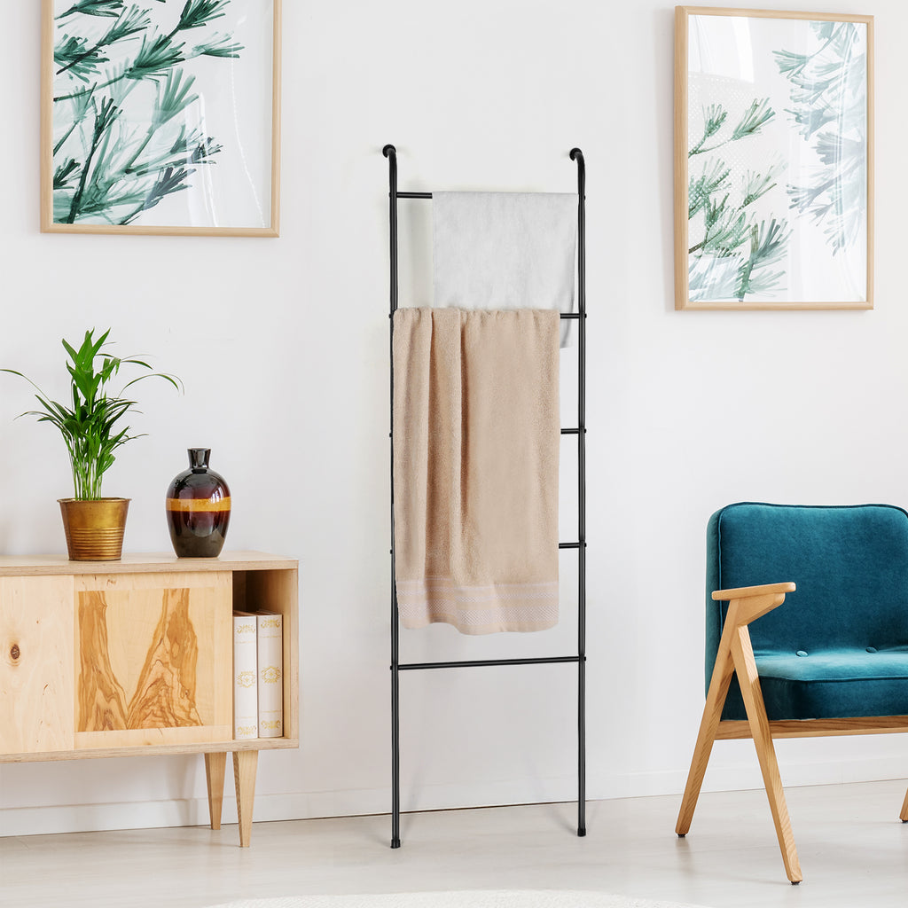 Matte Black 5-Tier Metal Blanket Ladder, Leaning Towel Rack for Bathroom, Living Room & Laundry Room