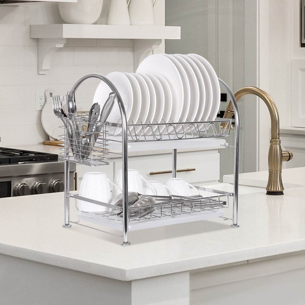Premium 304 Stainless Steel 2-Tier Dish Rack, Rust-Proof Dish Drainer with Utensil Holder
