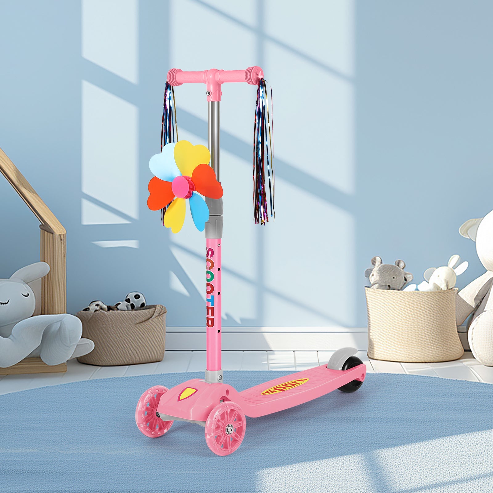 3 Wheels Kids Scooter, Adjustable Height Lean-to-Steer Kick Scooter with LED Light-Up Wheels, Windmill & Streamers, Gifts for Toddlers Boys Girls 3-5 Years Old, Pink
