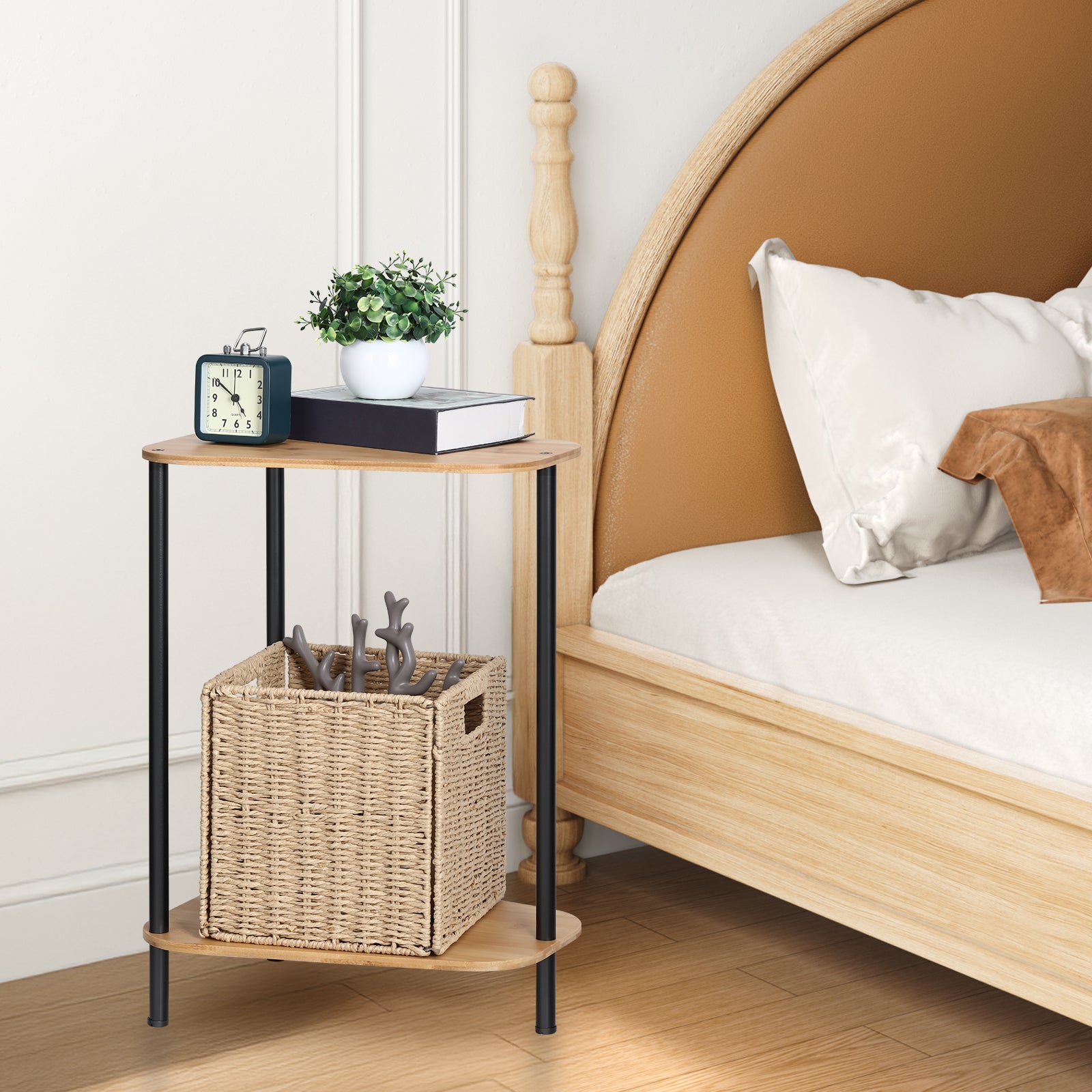 Modern Triangle Bamboo End Table Set (2 Pieces) - 2-Tier Storage Side Tables with Metal Legs