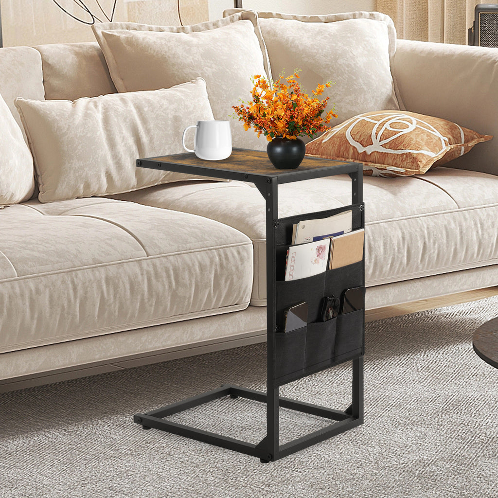 2-Pack Rustic C-Shaped Side Tables with Storage Bag - Slim Sofa End Tables for Living Room & Bedroom, Space-Saving Snack & Laptop Tray