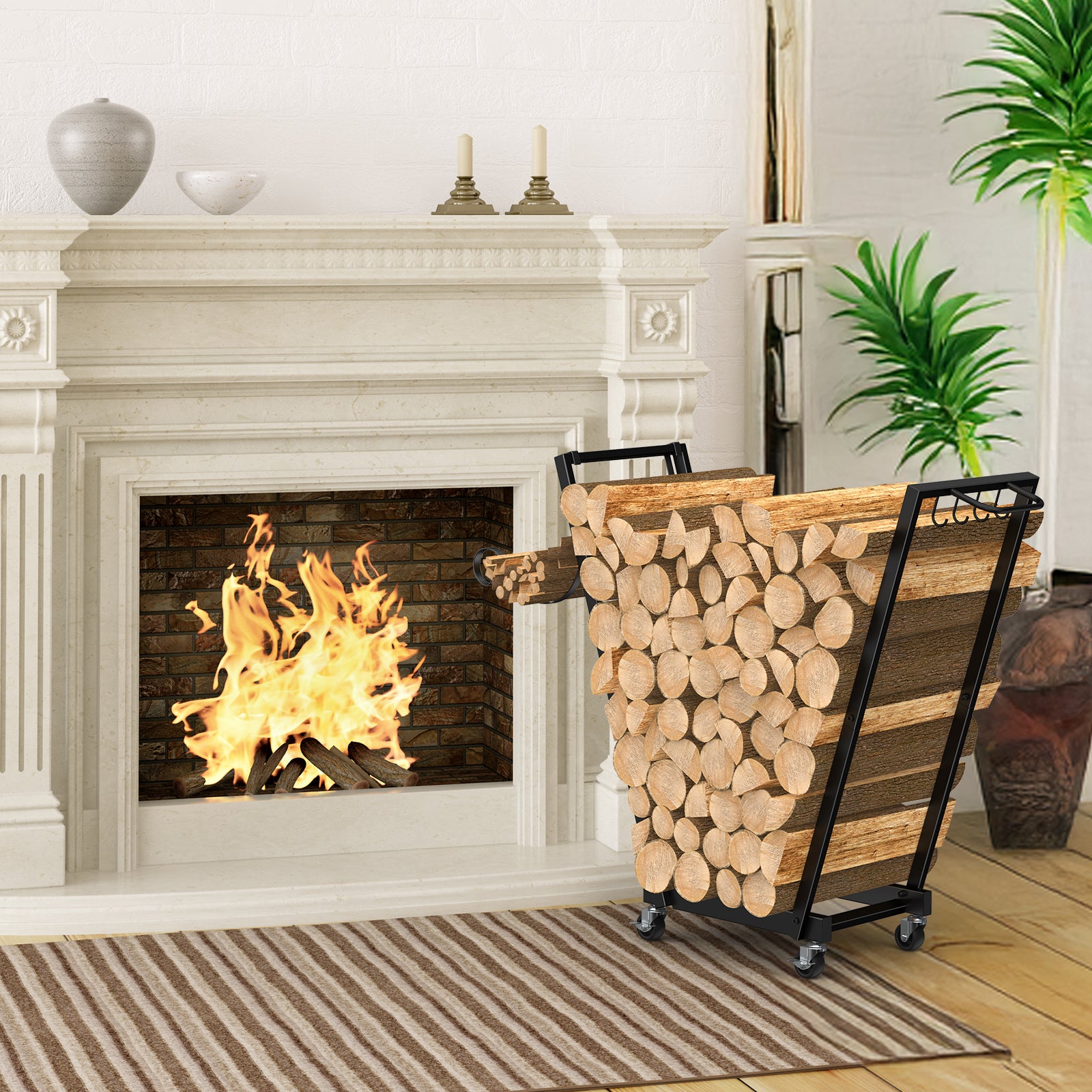 Rolling Firewood Cart with Handle & 4 Hooks, Portable Log Rack for Indoor/Outdoor Use, with Removable Kindling Rack,