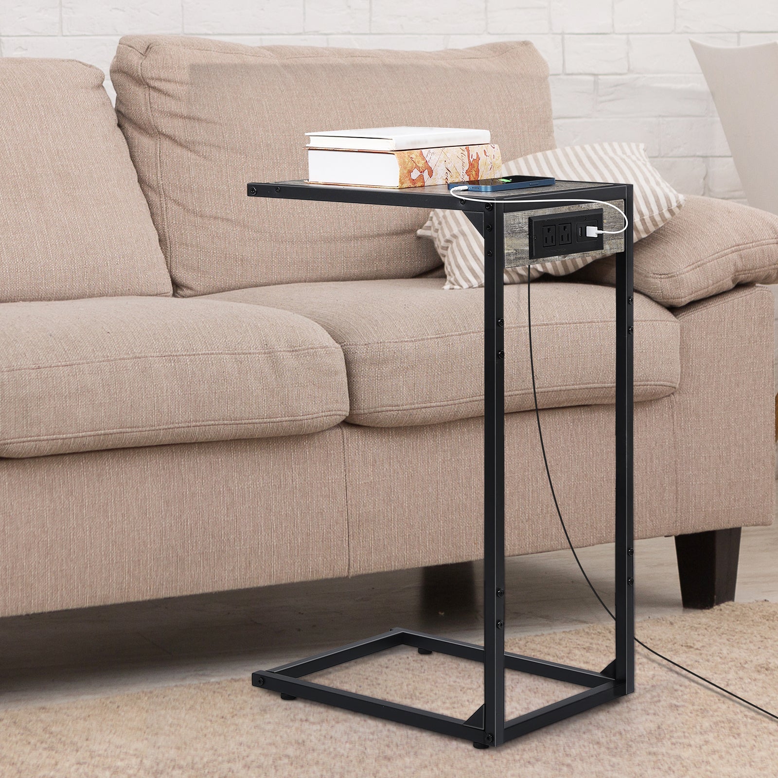 Set of 2 C-Shaped End Tables with Charging Station, Mobile Snack Tables for Sofa & Couch, Oak Grey Finish,