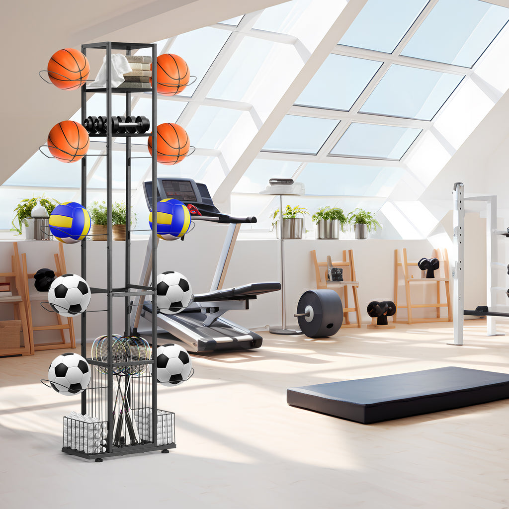 Tall Vertical Sports Ball Storage Rack - Space-Saving Garage Organizer for Basketballs, Soccer Balls & Bats,