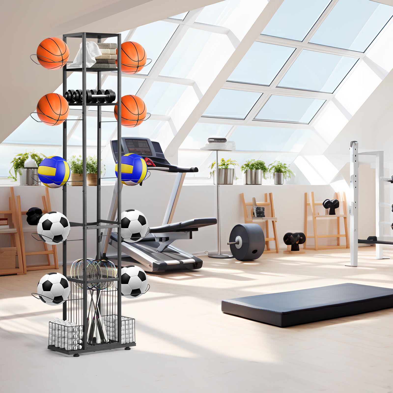 Tall Vertical Sports Ball Storage Rack - Space-Saving Garage Organizer for Basketballs, Soccer Balls & Bats,