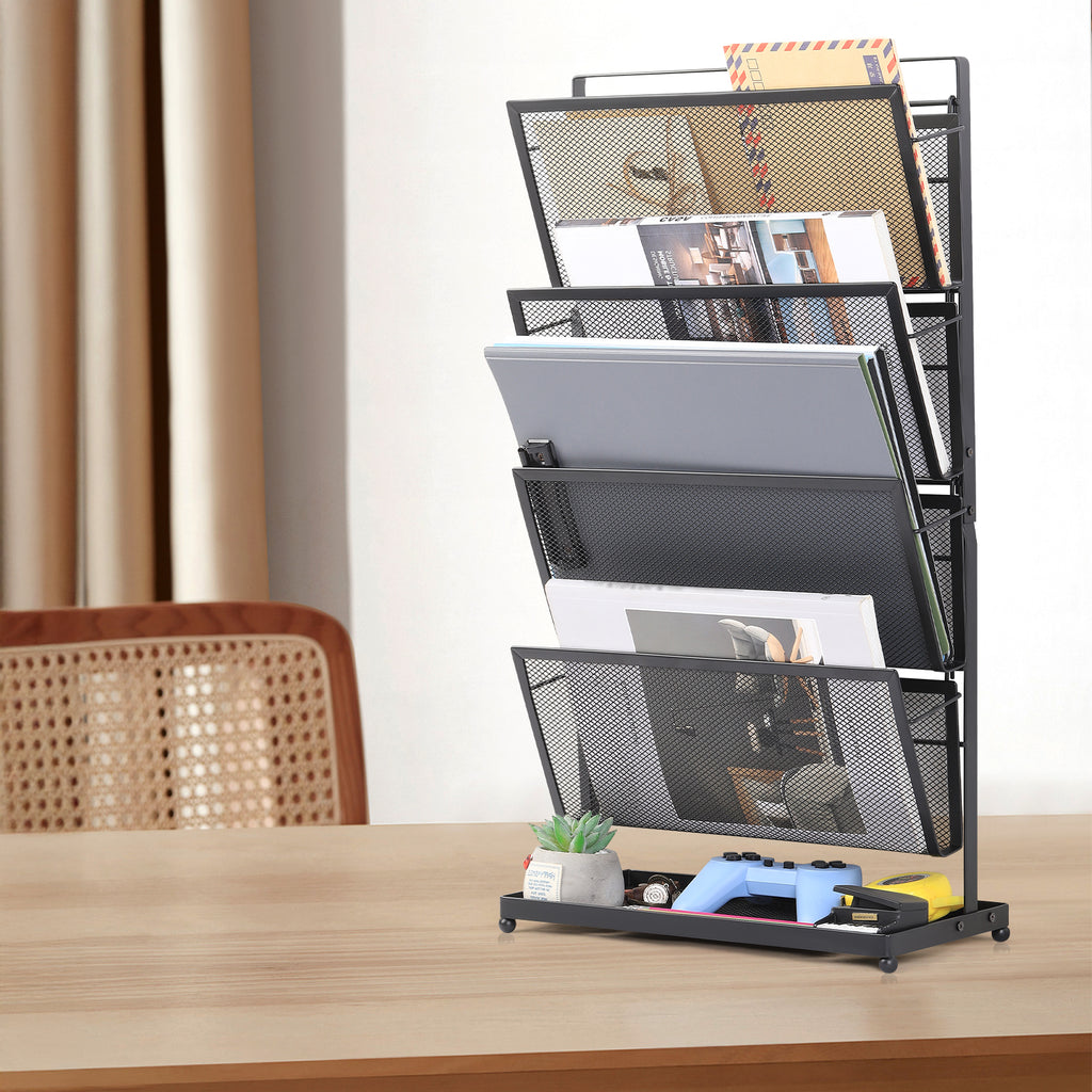 4-Tier Vertical Mesh File Organizer - Desktop Magazine & Letter Rack - Space-Saving Metal Storage Tray for Office Documents & Accessories