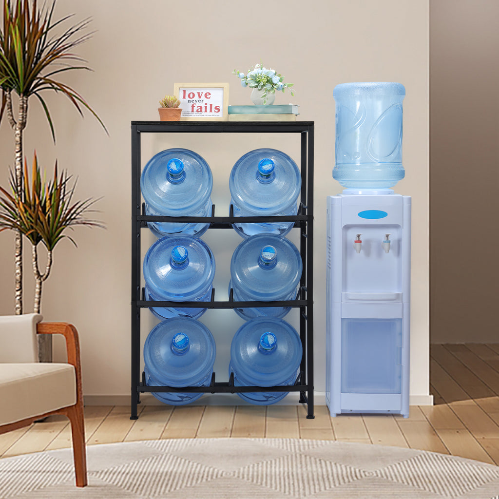 6-Bottle 5 Gallon Water Jug Holder Rack with Top Shelf - Heavy Duty 3-Tier Storage Organizer for Kitchen & Pantry, Black