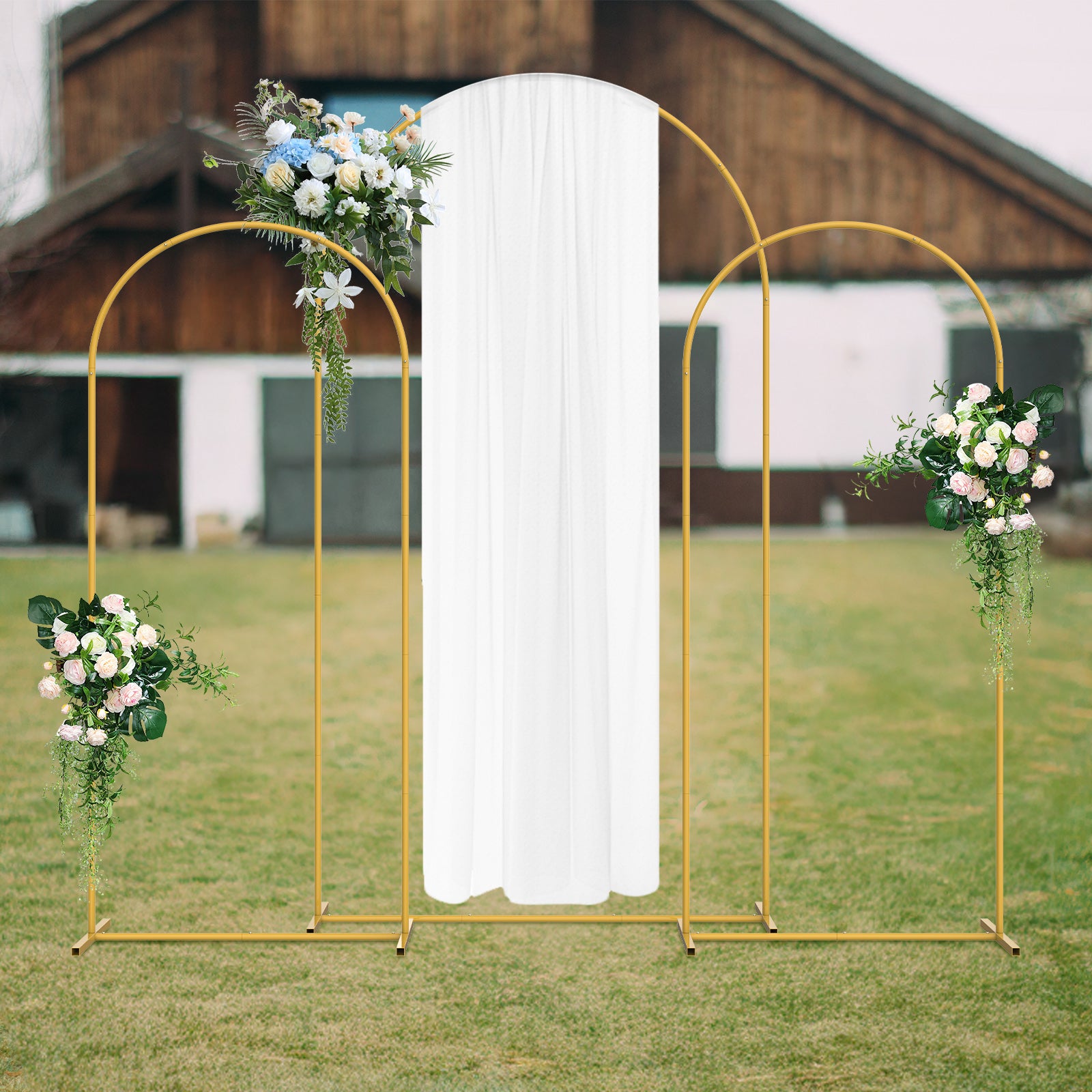 Set of 3 Gold Metal Arch Backdrop Stand, 7.3FT Large Central Arch & 2PCS 6FT Side Arched Frame, Heavy Duty Round Pipe Wedding Balloon Flower Arch Stand for Wedding Baby Shower Gender Reveal Birthday Party Ceremony Decor