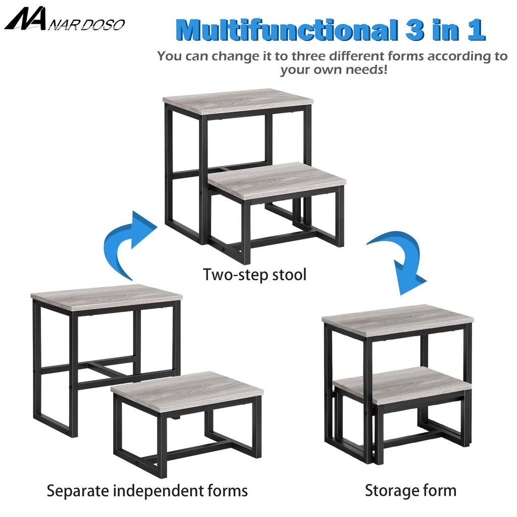 3-Step Heavy Duty Stool for Adults - 500lb Capacity Wood & Metal Foot Stool for Kitchen