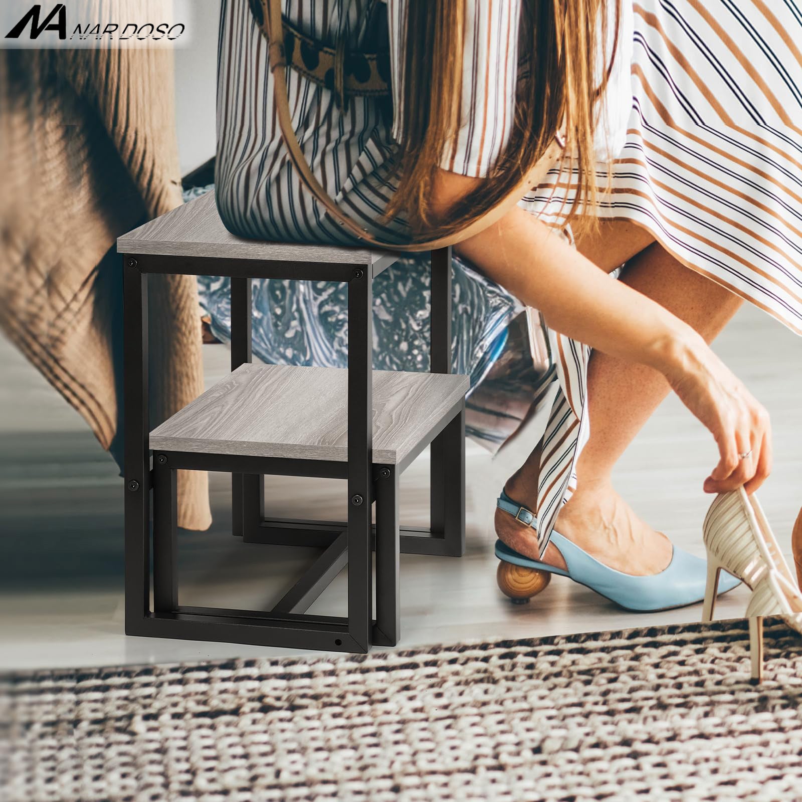 3-Step Heavy Duty Stool for Adults - 500lb Capacity Wood & Metal Foot Stool for Kitchen