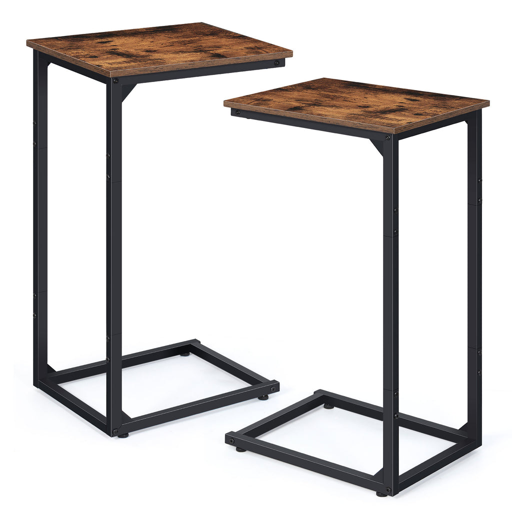 Set of 2 C-Shaped End Tables, Small Side Tables for Small Spaces, Rustic Brown Snack Tables for Couch & Bed,