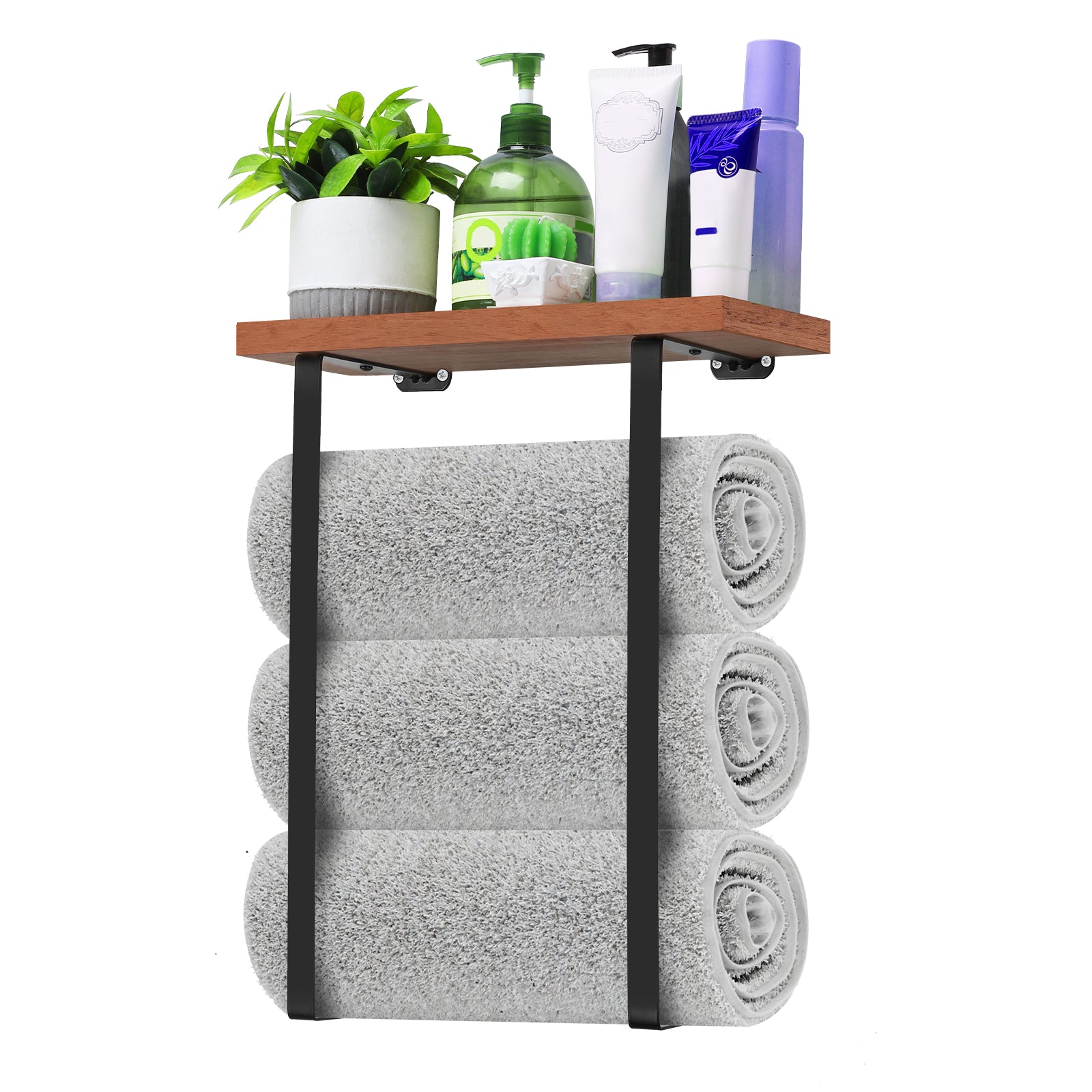 Wall Mounted Bathroom Towel Rack with Wooden Shelf - Metal Holder for Rolled Bath Towels in RVs & Small Spaces