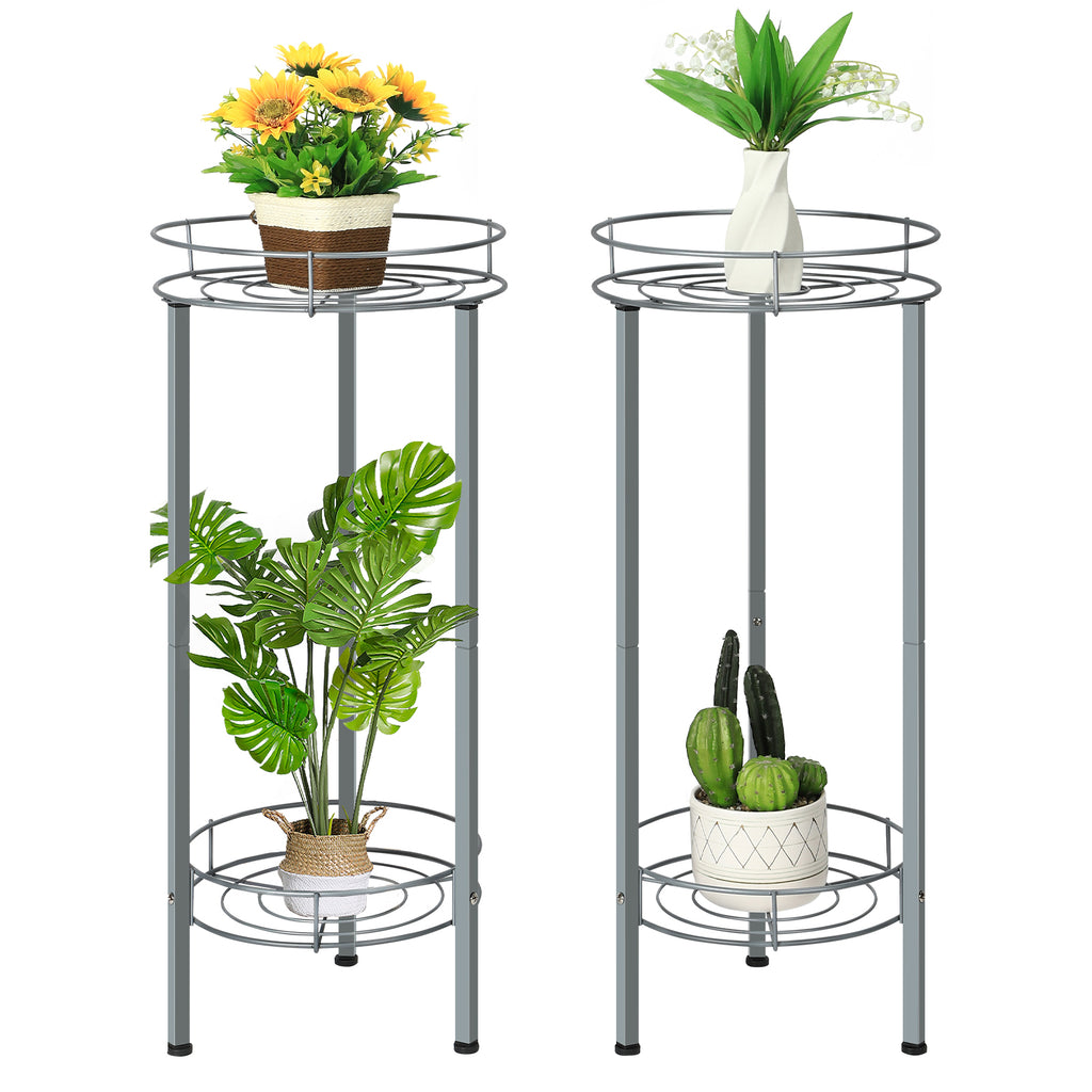 Set of 2 Silver Multi-Tiered Metal Flower Pot Holders, 28 Inch Tall Dual-Layer Plant Display Racks for Indoor and Outdoor Use