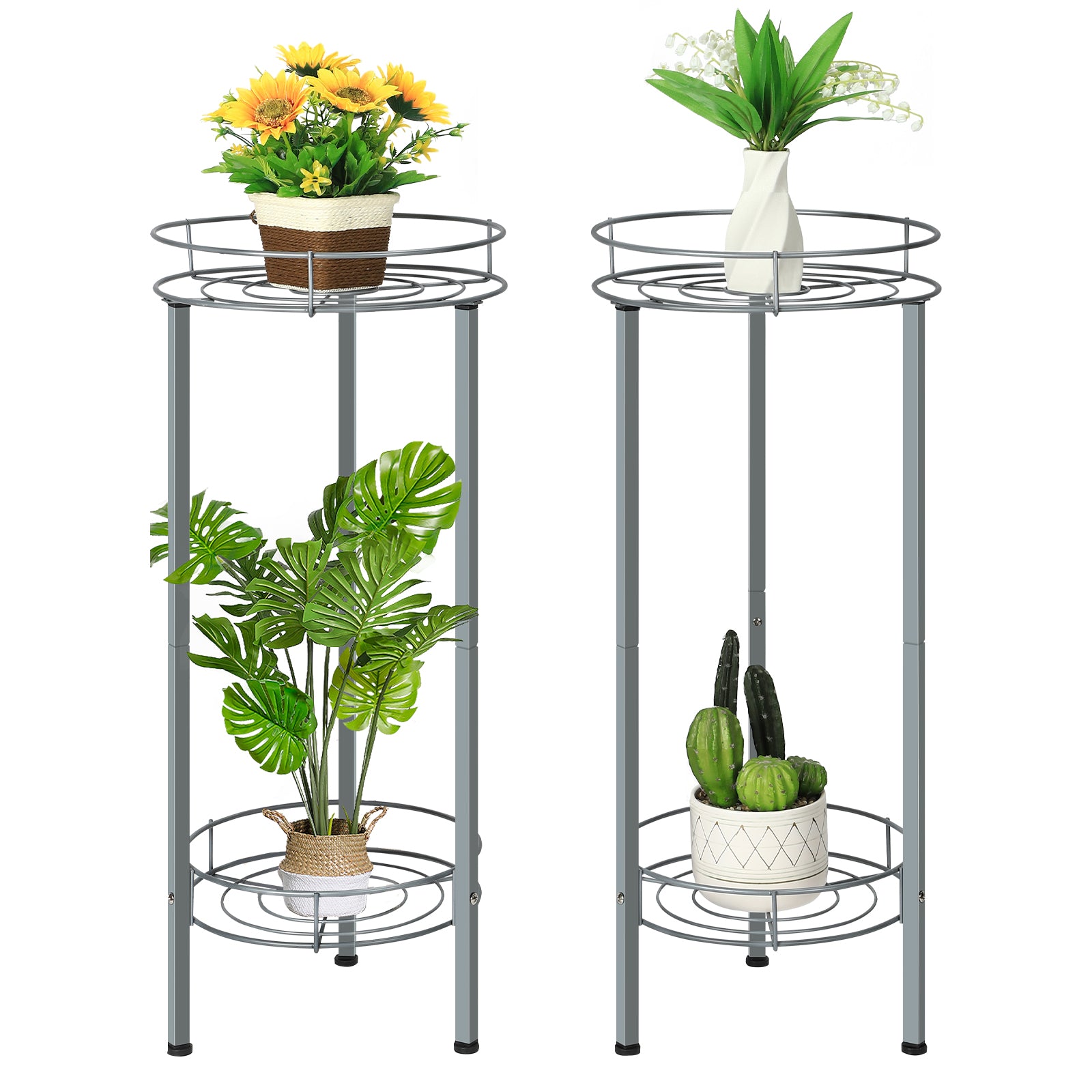 Set of 2 Silver Multi-Tiered Metal Flower Pot Holders, 28 Inch Tall Dual-Layer Plant Display Racks for Indoor and Outdoor Use