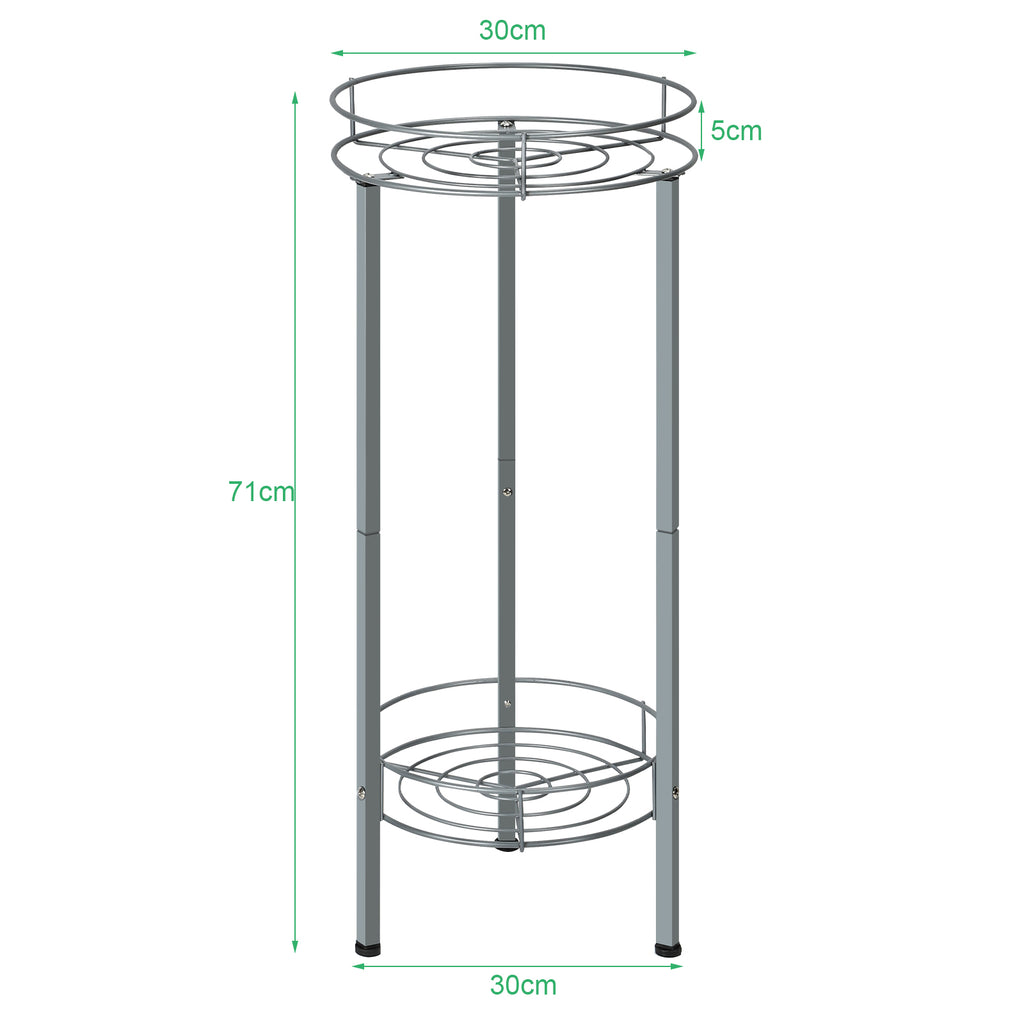 Set of 2 Silver Multi-Tiered Metal Flower Pot Holders, 28 Inch Tall Dual-Layer Plant Display Racks for Indoor and Outdoor Use