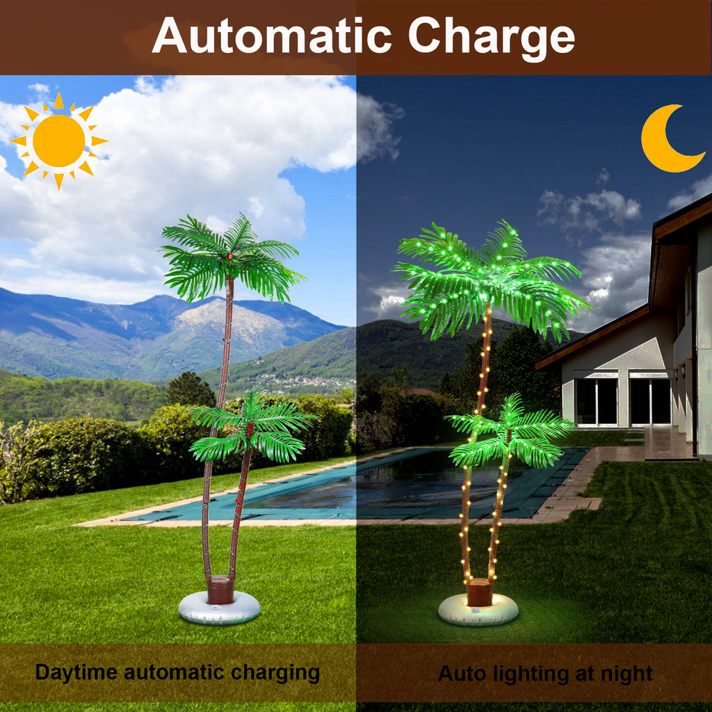 Solar Lighted Palm Trees (Set of 2) - LED Outdoor Tropical Party & Pool Deck Decorations w/ Timer