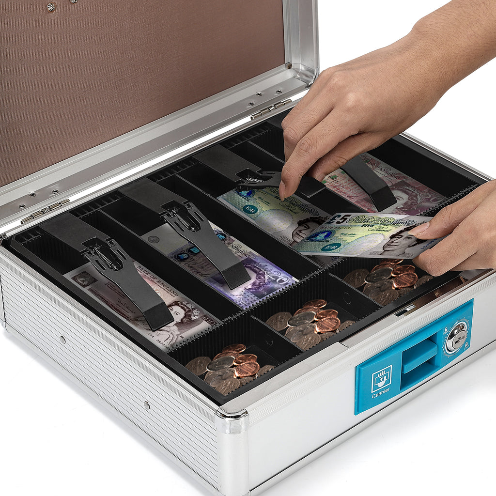Multifunction Locking Cash Box with Lock, Durable Money Box with Cash Tray, Portable Lock Safe Box with Key, Money Saving Organizer with Handle, Security Safe Organize for Office, Small Businessr