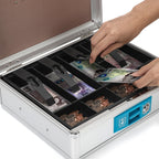Multifunction Locking Cash Box with Lock, Durable Money Box with Cash Tray, Portable Lock Safe Box with Key, Money Saving Organizer with Handle, Security Safe Organize for Office, Small Businessr