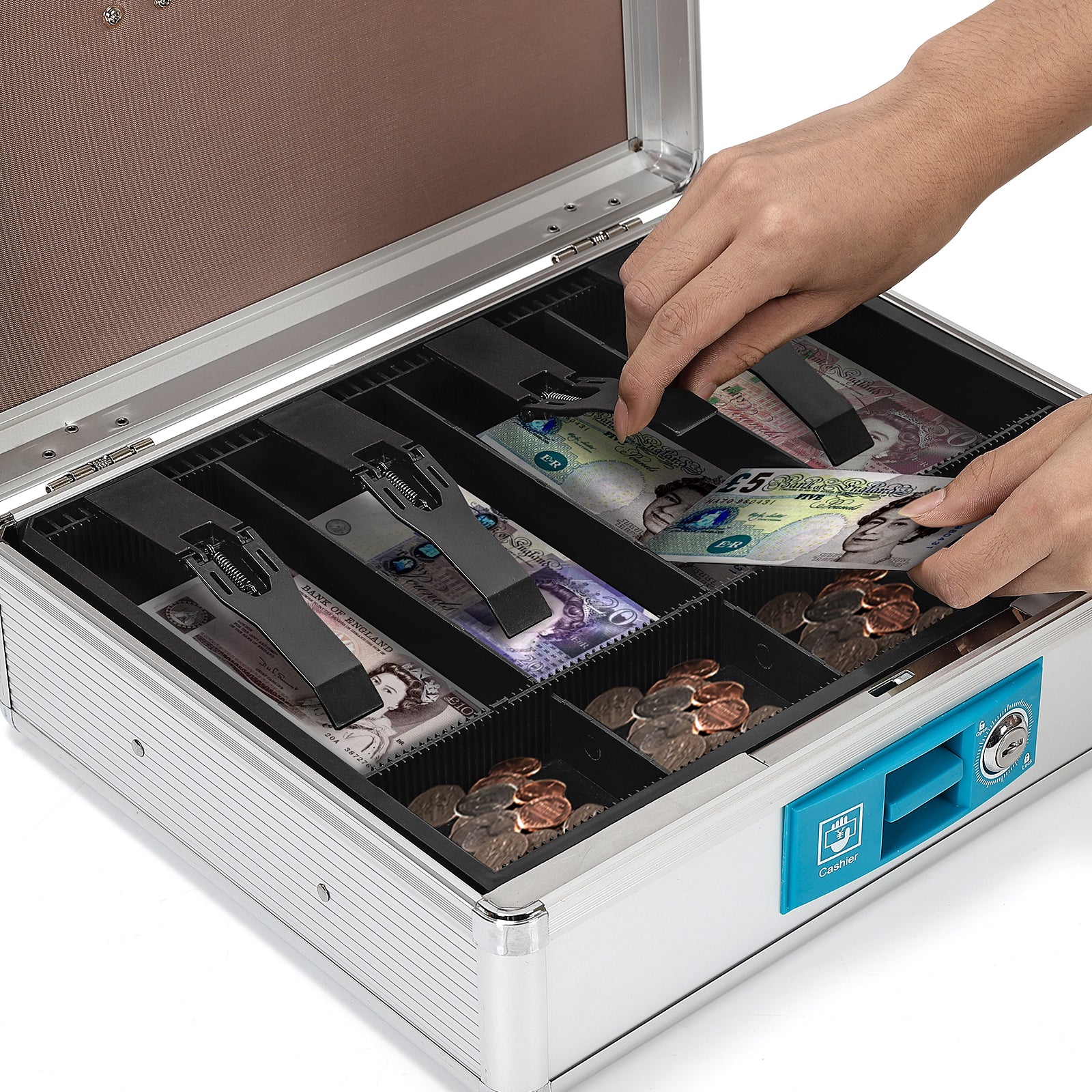 Multifunction Locking Cash Box with Lock, Durable Money Box with Cash Tray, Portable Lock Safe Box with Key, Money Saving Organizer with Handle, Security Safe Organize for Office, Small Businessr